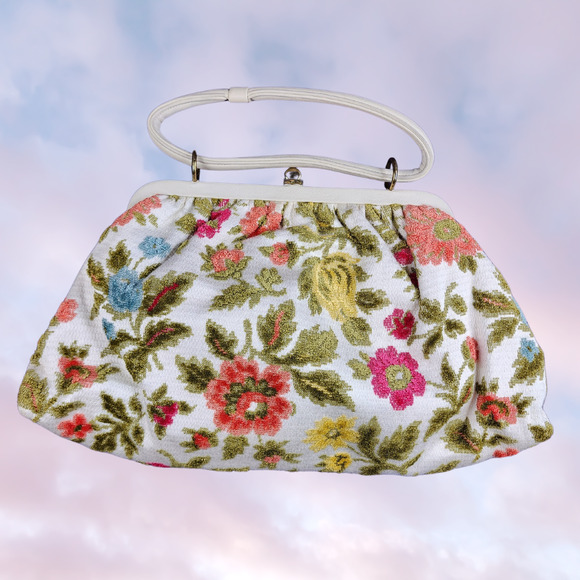 Vintage Handbags - Vtg 60s Colorful White Red Yellow Blue Green Retro Tapestry Floral Hand Bag